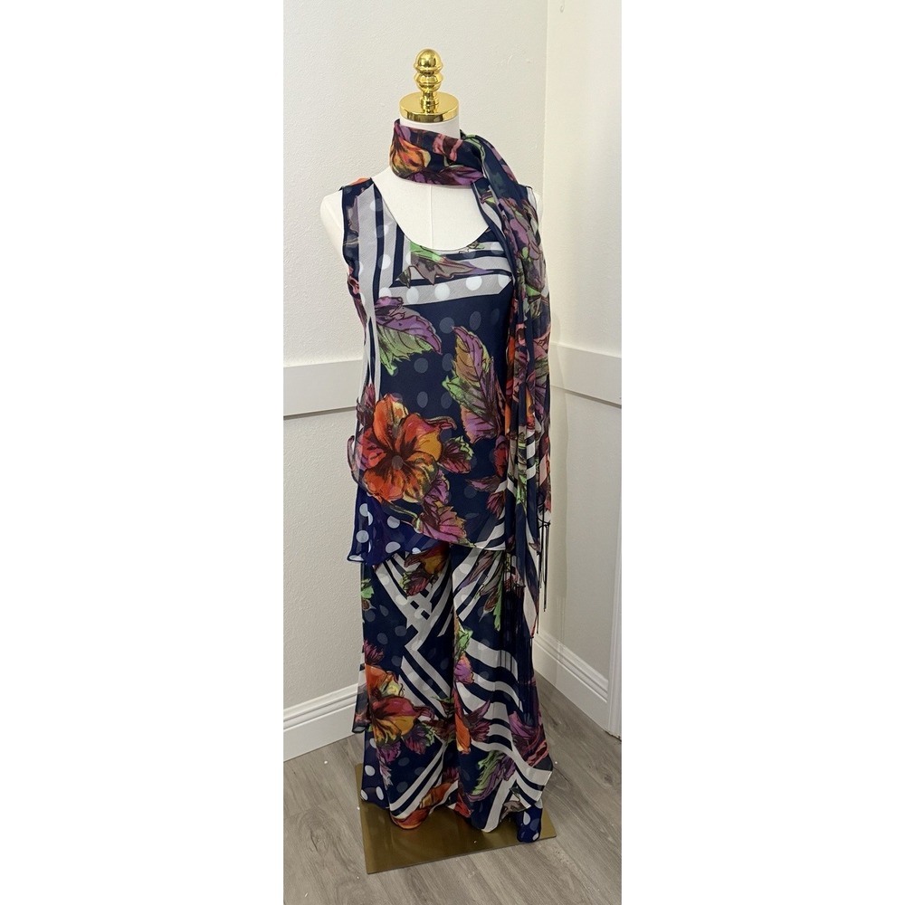 3pc Set Women OS Blue Floral Polka Dot Reversible Tunic Pants Scarf